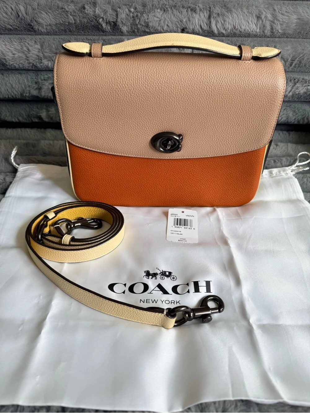 Coach Colorblock Pebbled Leather Top-Handle Crossbody in Taupe, Ginger